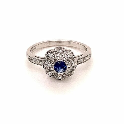 18ct White Gold Sapphire & Diamond Art Deco Style Ring