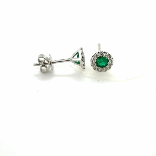 White Gold Emerald & Diamond Round Cluster Earrings