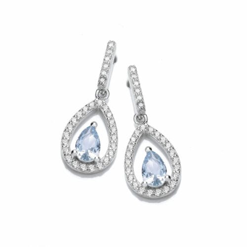Sterling Silver Aquamarine CZ Pear Drop Earrings