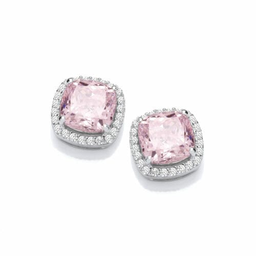Sterling Silver Pink CZ Cushion Halo Earrings