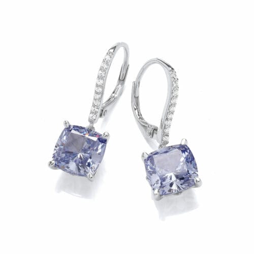 Sterling Silver Tanzanite CZ Cushion Drop Earrings