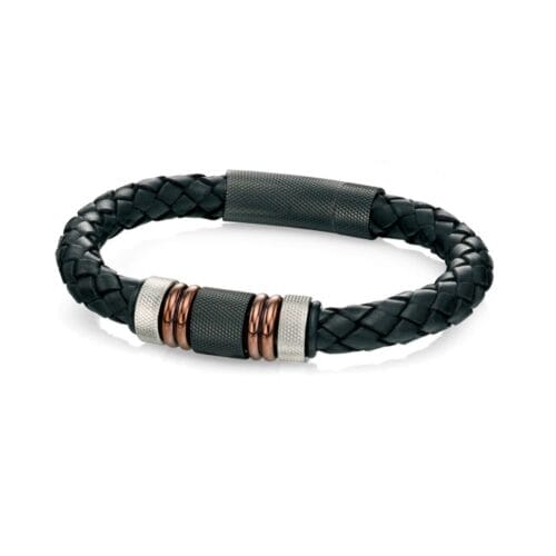 Stainless Steel, Black Brown PVD and Black Leather Woven Bracelet