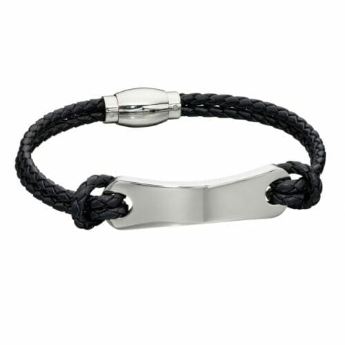 Woven Black Leather & Stainless Steel ID Bar Bracelet
