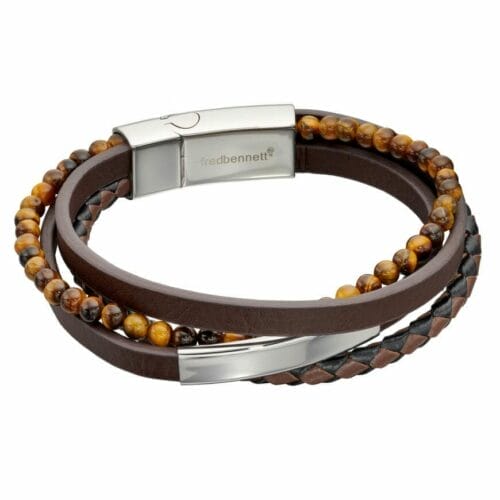 Multi Row Recycled Brown Leather Bracelet With Stainless Steel ID Bar And Tigers Eye Beads