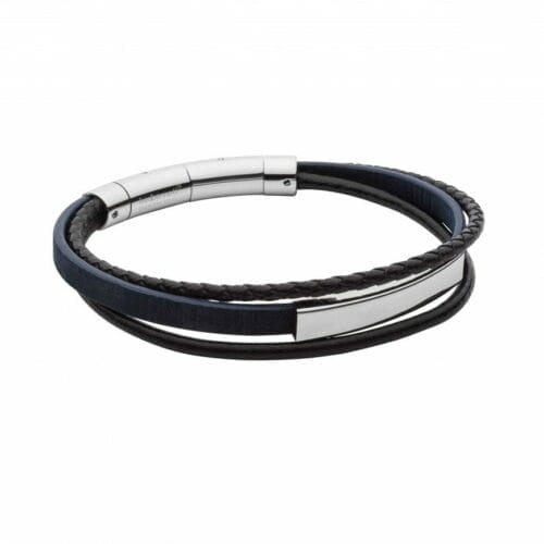 Blue Cork And Black Recycled Leather Bracelet With Stainless Steel Bar