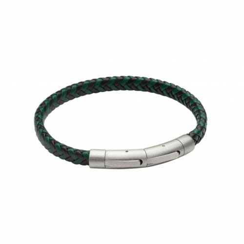Black And Forest Green Plaited Recycled Leather Bracelet With Stainless Steel Clasp