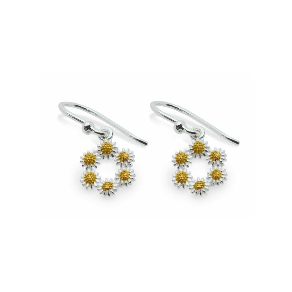 Sterling Silver Gold Vermeil Daisy Circle Drop Earrings