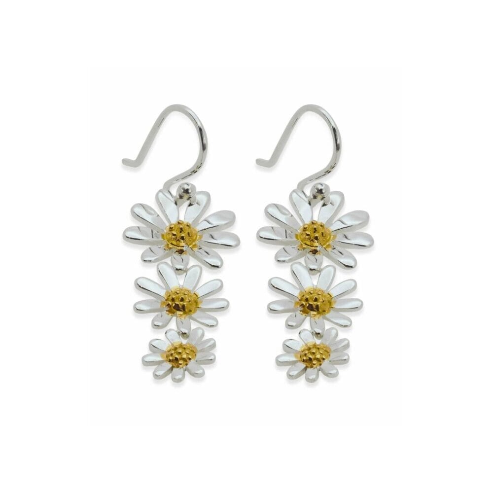 Sterling Silver Gold Vermeil Triple Daisy Drop Earrings