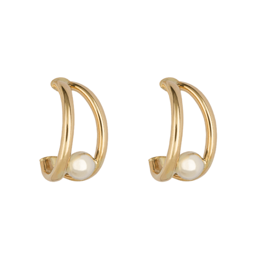 Yellow Gold Split Huggie with Pearl Earrings