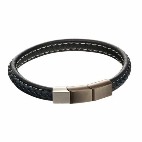 Plait Detail Navy Leather Bracelet With Mixed Brushed Finish