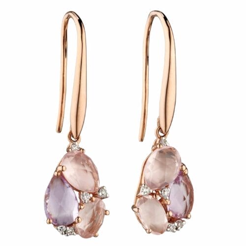 Rose De France and Rose Quartz Teardrop Cluster Earrings Yellow Gold