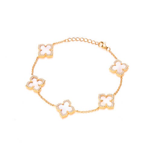 Sterling Silver Yellow Gold Plated CZ Pink Mother of Pearl Clover Bracelet