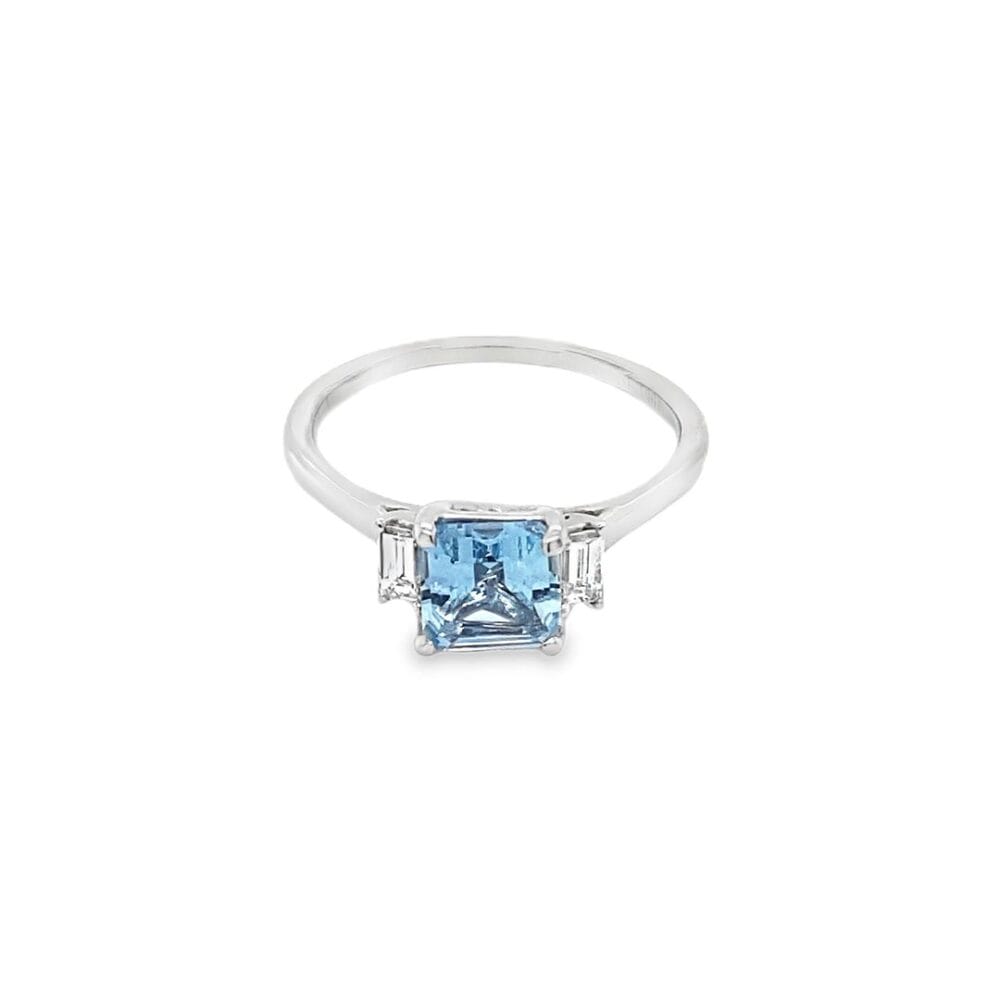 18ct White Gold 0.92ct Ascher Cut Aquamarine and Diamond Ring