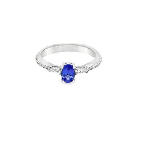 18ct White Gold Oval Tanzanite & Diamond Three Stone Ring