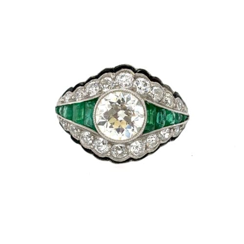 Genuine Art Deco Platinum Diamond, Emerald and Onyx Dress Ring