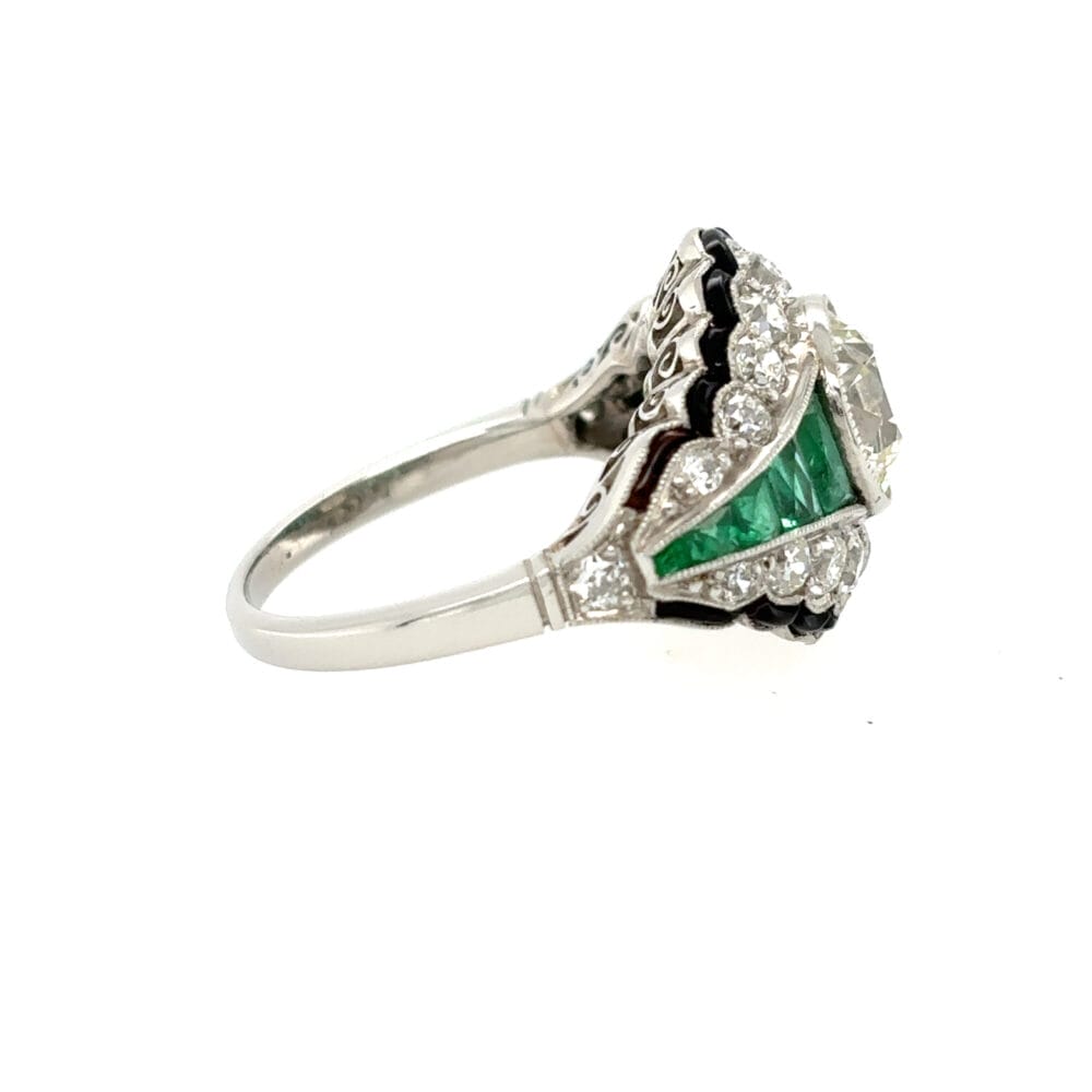 Genuine Art Deco Platinum Diamond, Emerald and Onyx Dress Ring - Image 2
